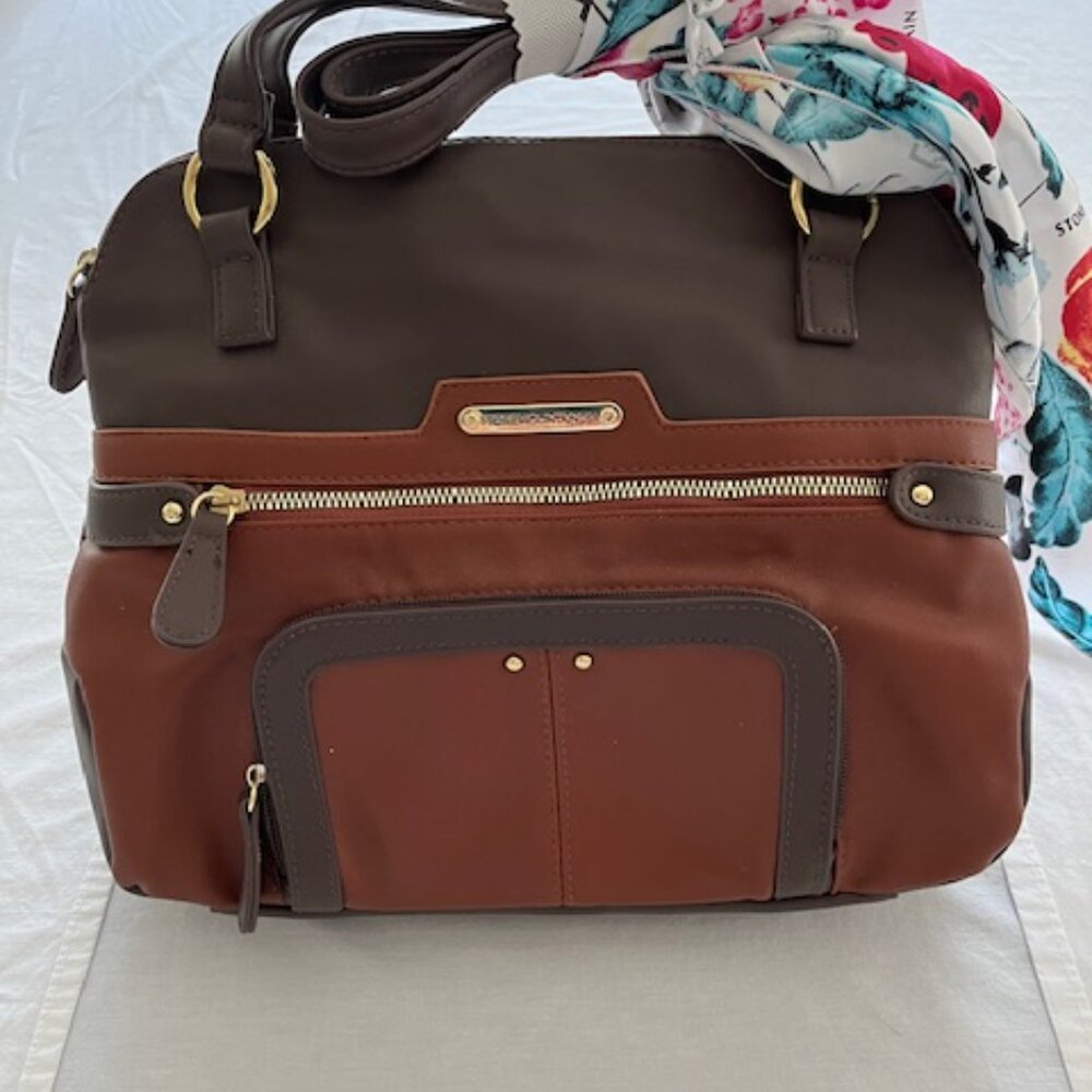 STONE MOUNTAIN Cognac & Brown Leather Plug in Nappa Navi Dome Satchel